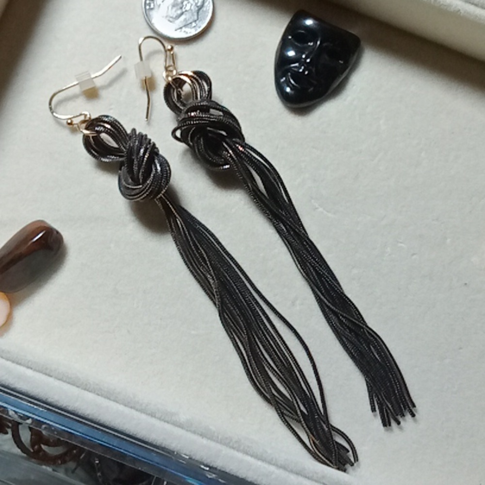 Twisted Chain Tassel Earrings | Black & Bronze Metallic | Bold Statement Dangle